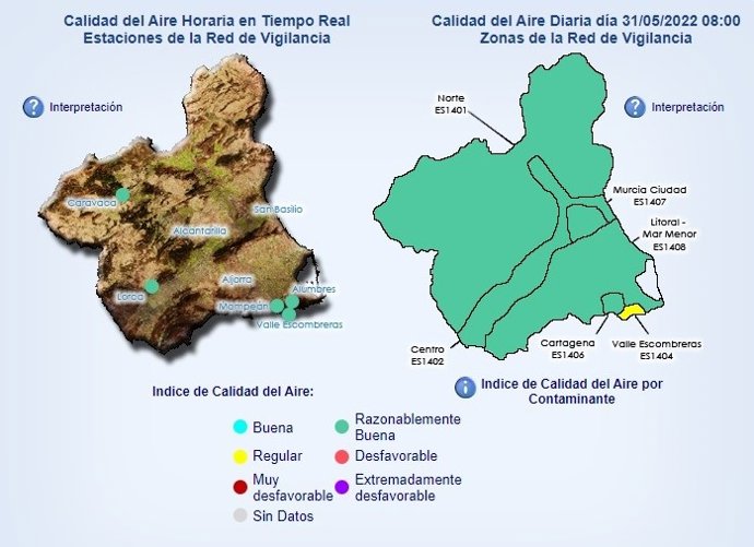 Mapa de calidad del aire en la Región de Murcia