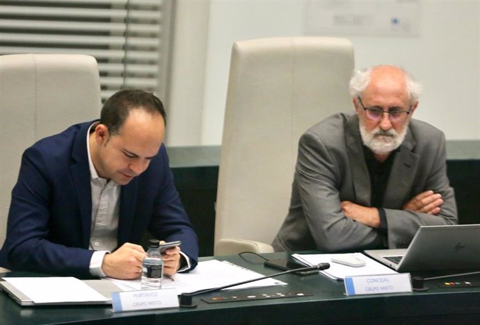 El concejal del Grupo Mixto en el Ayuntamiento de Madrid, José Manuel Calvo (i), y el tesorero del Grupo Mixto en el Ayuntamiento de Madrid, Luis Cueto, en una sesión plenaria en el Ayuntamiento de Madrid 