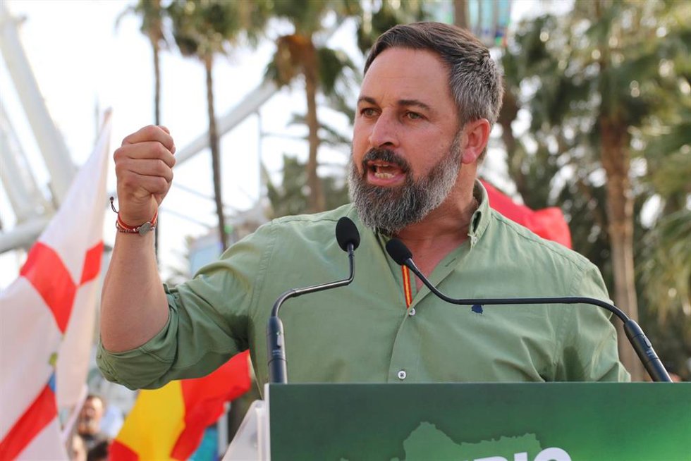 El presidente nacional de Vox, Santiago Abascal, en su intervención en el acto de precampaña de la formación en Almería