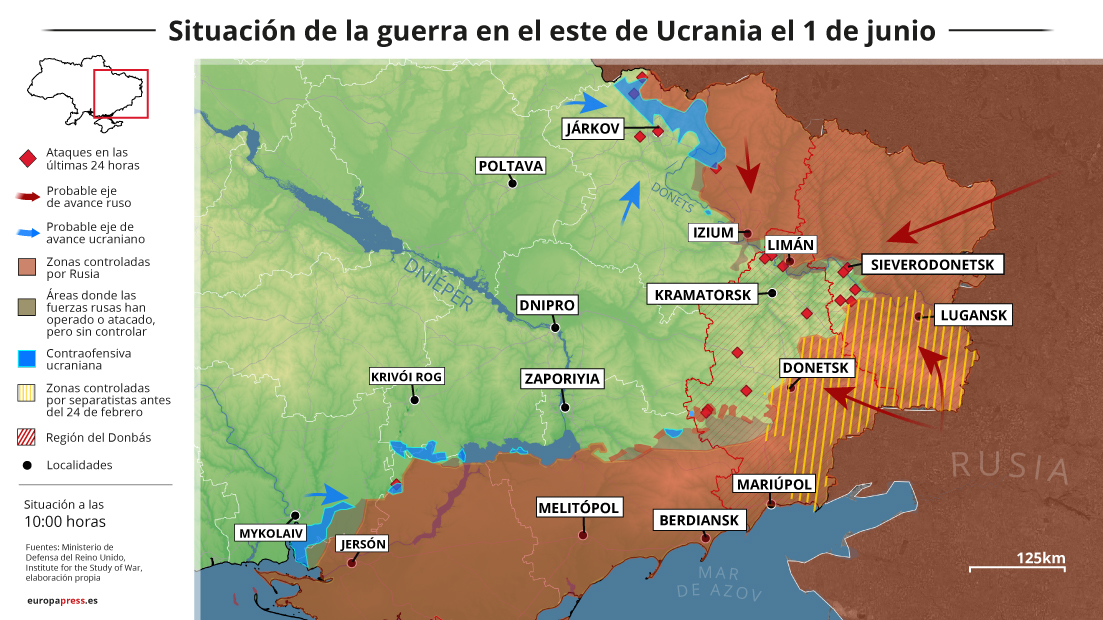 Mapa con la situación de la guerra en el este de Ucrania el 1 de junio de 2022 (Estado a las 10:00 horas)