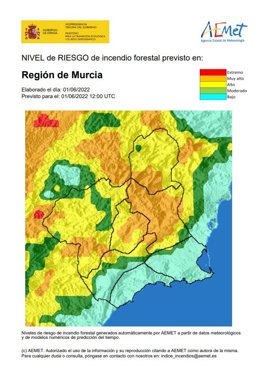 Nivel de riesgo forestal previsto en la Región de Murcia