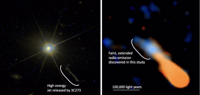 Cuásar 3C273 observado por el Hubble (Izquierda). Imagen de radio del chorro de energía visto con ALMA (Derecha)