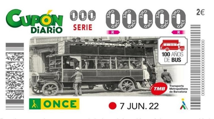 Cupó de l'Once que sortir el 7 de juny dedicat al centenari de la Xarxa de Bus de TMB.