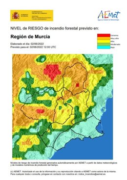Mapa de la Región de Murcia con los diferentes niveles de riesgo forestal