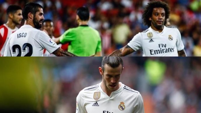 Los jugadores del Real Madrid Francisco Alarcón 'Isco', Marcelo Vieira (arriba) y Gareth Bale.