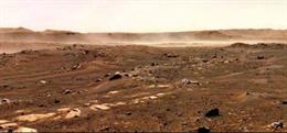 Nube de polvo levantada por el viento en el cráter Jezero de Marte