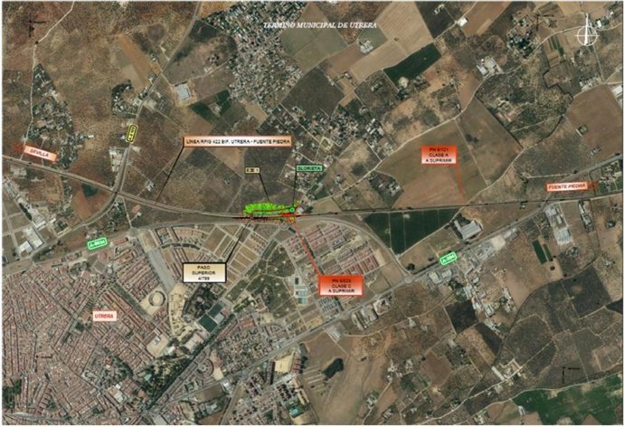 Imagen aérea de la zona en la que actuará Adif en Utrera.
