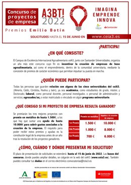 Cartel del X 'Concurso de proyectos de empresa A3BT! 2022. Premios Emilio Botín'.