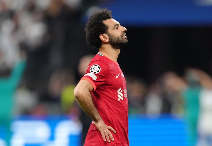 28 May 2022, France, Paris: Liverpool's Mohamed Salah looks dejected after the UEFA Champions League final soccer match between Liverpool FC and Real Madrid CF at the Stade de France. Photo: Nick Potts/PA Wire/dpa