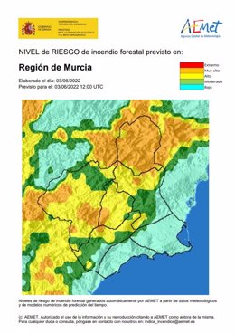 Mapa que muestra el nivel de riesgo forestal en la Región de Murcia