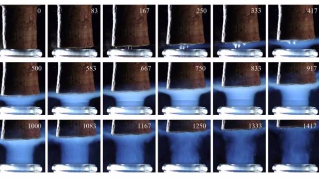 Secuencia de tiempo que muestra detalles de un corcho expulsado de un cuello de botella de champán almacenado a 20 grados centígrados capturados a través de imágenes de alta velocidad.