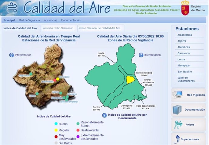 Mapa de calidad del aire en la Región de Murcia