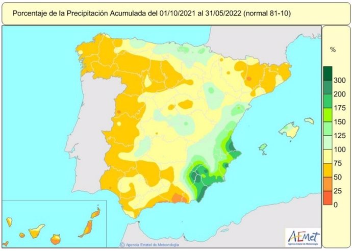 Mapa de lluvias acumuladas en el conjunto de España desde el 1 de octubre de 2021 hasta el 31 de mayo de 2022.