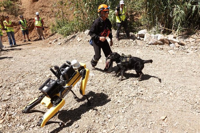 Robots de rescate diseñados en la UMA participan en un ejercicio práctico con perros autómatas