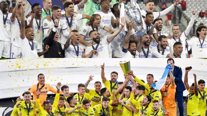 El Real Madrid (arriba) celebra su decimocuarta Champions en París y el Villarreal festeja la Liga Europa de 2021.
