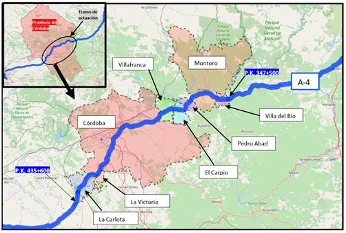Archivo - Mapa con el tramo de actuación en la A-4.