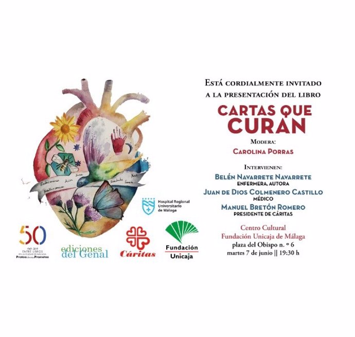 Cartel de la presentación de 'Cartas que curan', que tendrá lugar en el Centro Cultural Fundación Unicaja de Málaga el próximo martes 7 de junio