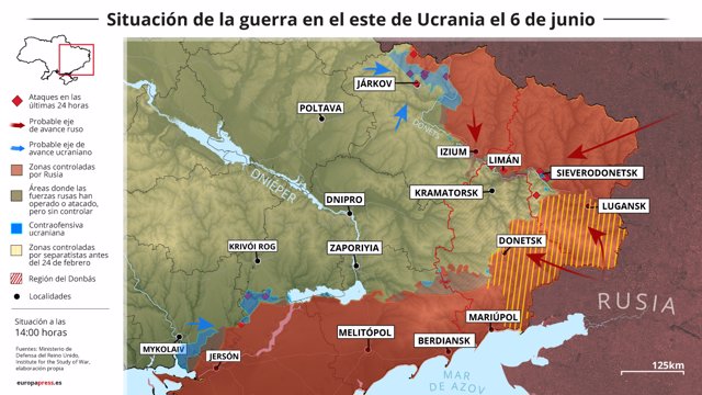 Mapa con la situación de la guerra en el este de Ucrania el 6 de junio de 2022 (Estado a las 14:00 horas).