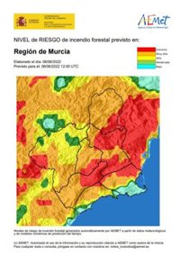 El nivel de riesgo de incendio forestal previsto para este lunes es extremo o muy alto en la mayor parte de la Región