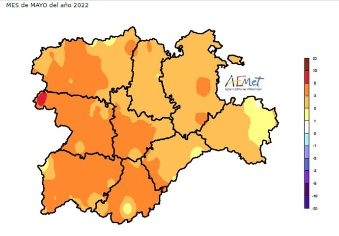 Mapa elaborado por la Aemet sobre el balance de temperaturas de mayo de 2022