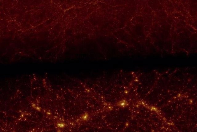 (Arriba) Distribución De Materia Correspondiente A La Distribución De Galaxias Observada En Un Tiempo De Viaje De La Luz De 11 Mil Millones De Años. (Abajo) La Distribución De La Materia En La Misma Región Después De 11 Mil Millones De Años Luz.