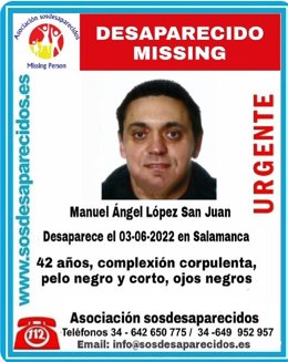 Cartel difundido por la asociación SOS Desaparecidos para buscar información sobre el paradero de la persona desaparecida en Salamanca