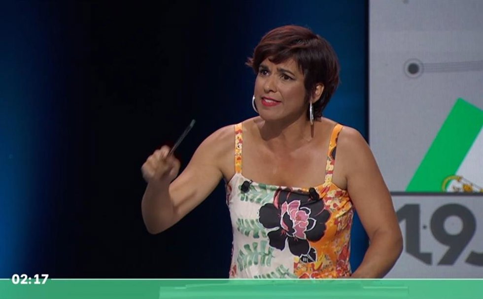 La candidata de Adelante Andalucía a la Presidencia de la Junta, Teresa Rodríguez, en un momento del debate a seis de RTVE