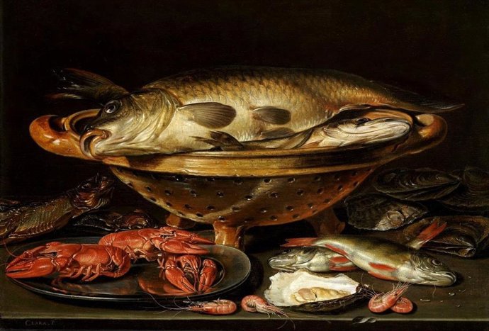 Stilleven met vis (bodegón con peces), de Clara Peeters de principios del siglo XVII. Aquí aparecen, entre otras especies, carpas, Lucios y cangrejos de río, los animales que Felipe II quiso, y consiguió, introducir en España.