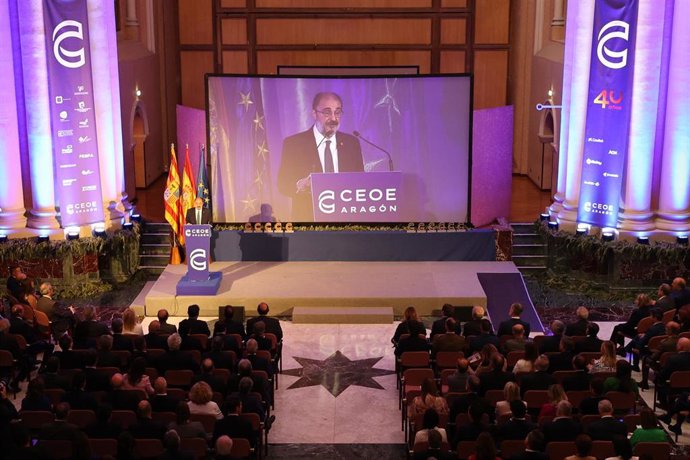 Vista general de la intervención del presidente del Gobierno de Aragón, Javier Lambán, en el acto conmemorativo del 40 Aniversario CEOE Aragón.