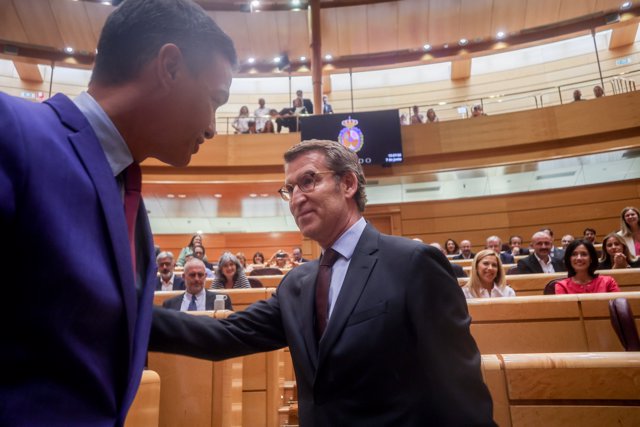 El presidente del Gobierno, Pedro Sánchez (i), y el líder del PP, Alberto Núñez Feijóo (d), se saludan en la sesión plenaria en el Senado