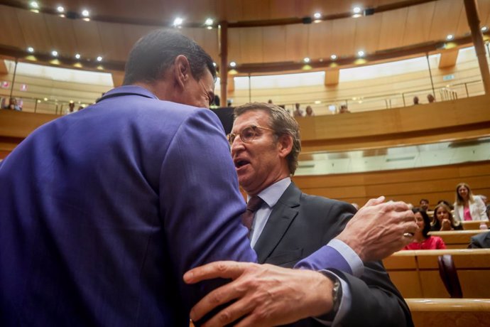 El presidente del Gobierno, Pedro Sánchez (i), y el líder del PP, Alberto Núñez Feijóo (d), se saludan en una sesión plenaria en el Senado, a 7 de junio de 2022, en Madrid (España). 