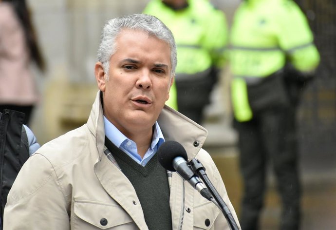 29 May 2022, Colombia, Bogota: Colombian President Ivan Duque Marquez speaks to the media at a polling station during the 2022 Presidential election. Photo: Camilo Erasso/LongVisual via ZUMA Press Wire/dpa