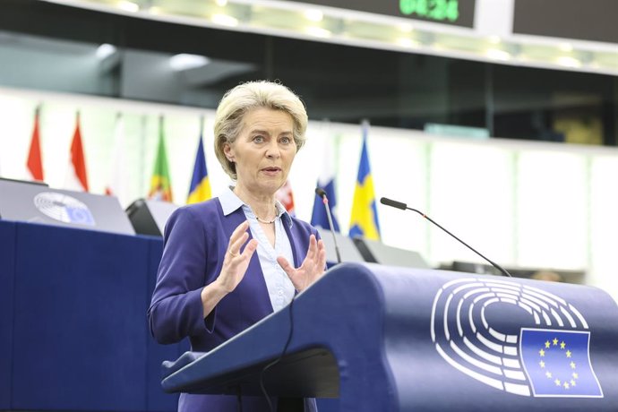 HANDOUT - 07 June 2022, France, Strasbourg: European Commission President Ursula von der Leyen speaks on the rule of law and the potential approval of the Polish national Recovery Plan (RRF), during a plenary session at the European Parliament. Photo: F
