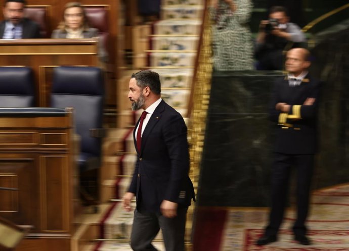 El líder de Vox, Santiago Abascal, en una sesión plenaria en el Congreso de los Diputados, a 26 de mayo de 2022, en Madrid (España). Durante el pleno, el Ejecutivo central debe responder a las preguntas de la oposición centradas en el espionaje con el s
