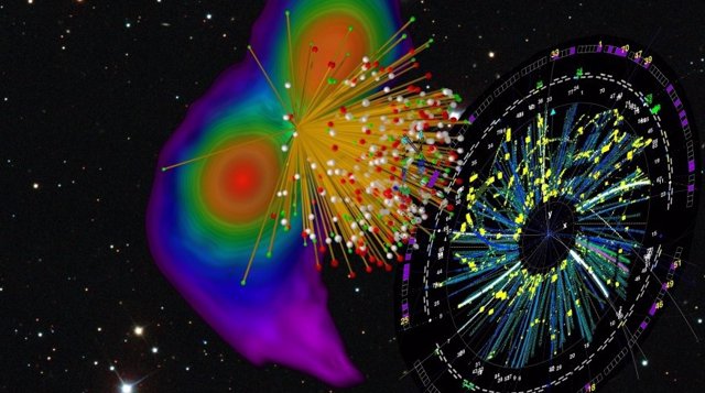 Simulación de dos estrellas de neutrones que se fusionan (izquierda) y las huellas de partículas emergentes que se pueden ver en una colisión de iones pesados ??(derecha) que crea materia en condiciones similares en el laboratorio