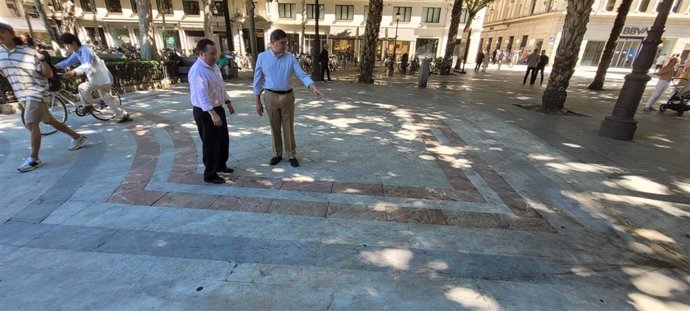 El portavoz de Ciudadanos (Cs) en el Ayuntamiento de Sevilla, Álvaro Pimentel, junto al concejal Lorenzo López Aparicio, comprueban el estado del pavimento de la Plaza Nueva.