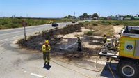 Servicios de emergencias extinguen un incendio de matorral en Bolnuevo, en Mazarrón