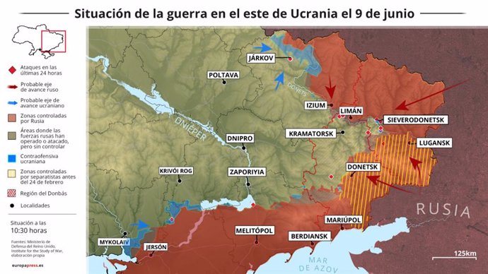 Mapa con la situación de la guerra en el este de Ucrania el 9 de junio de 2022 (Estado a las 10:30 horas).