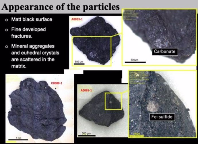 La apariencia externa de varias partículas Ryugu representativas.