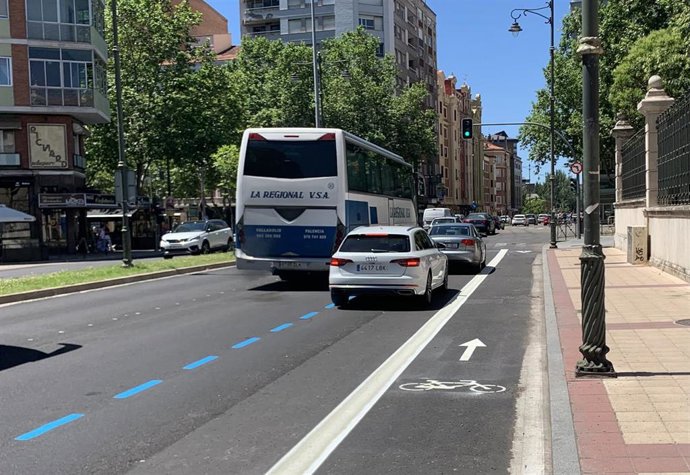 Uno de los nuevos tramos de carril bici unidereccional señalizados en el paseo del Hospital Militar de Valladolid.