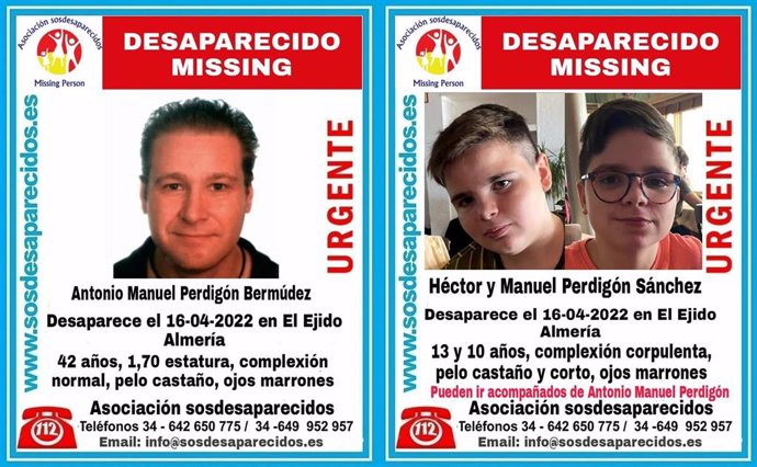 SOS Desaparecidos pide colaboración para buscar a un hombre y dos menores vistos en El Ejido (Almería).