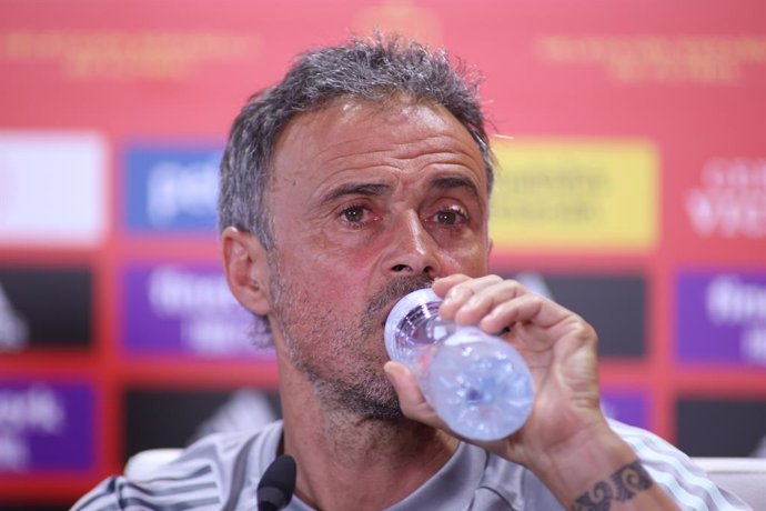 Luis Enrique Martinez, head coach of Spain, attends during a press conference before the UEFA Nations League match between Spain and Portugal Leverkusen at Benito Villamarin Stadium on June 1, 2022 in Sevilla, Spain.