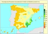 La falta de lluvias en España desde el 1 de octubre de 2021 hasta el 7 de junio de 2022 llega al 25%