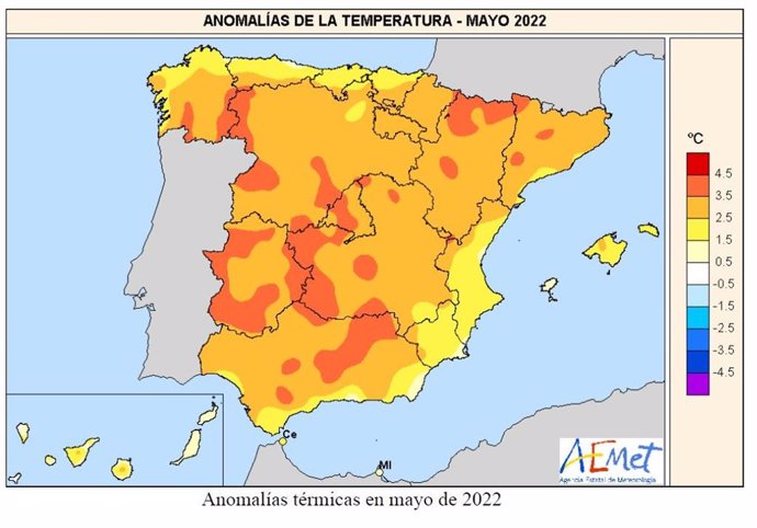 Mapa de anomalías térmicas en el mes de mayo de 2022 en España