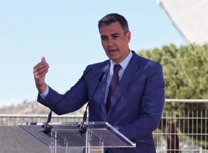El presidente del Gobierno, Pedro Sánchez, clausura el acto de presentación del Plan Estratégico para la Recuperación y Transformación Económica (PERTE) Aeroespacial, en el Centro de Entrenamiento y Visitantes INTA-NASA, a 9 de junio de 2022, en Robledo