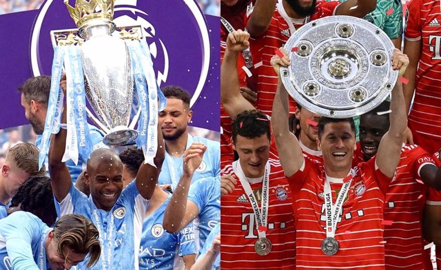 Manchester City y Bayern Múnich con sus trofeos de campeones de liga