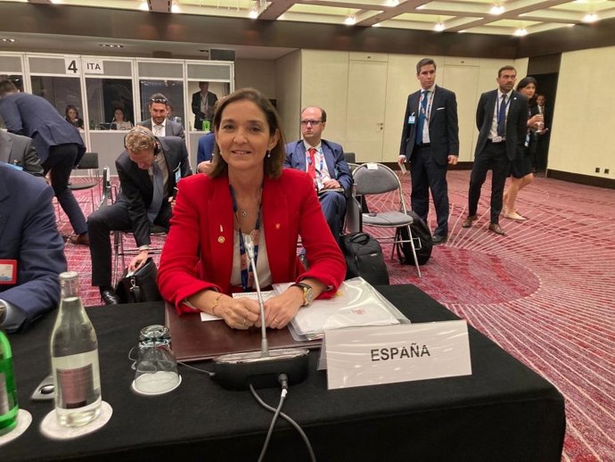 La ministra de Industria, Comercio y Turismo, Reyes Maroto, en la 12 Conferencia Ministerial de la organización, que se celebra en Ginebra hasta el 15 de junio.