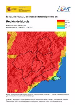 Mapa de nivel de riesgo forestal en la Región de Murcia