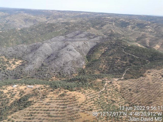 Imágen aérea de la zona afectada por el incendio forestal en Pozoblanco.