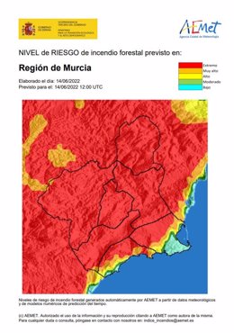 Mapa sobre el nivel de riesgo forestal en la Región de Murcia correspondiente al 14 de junio de 2022